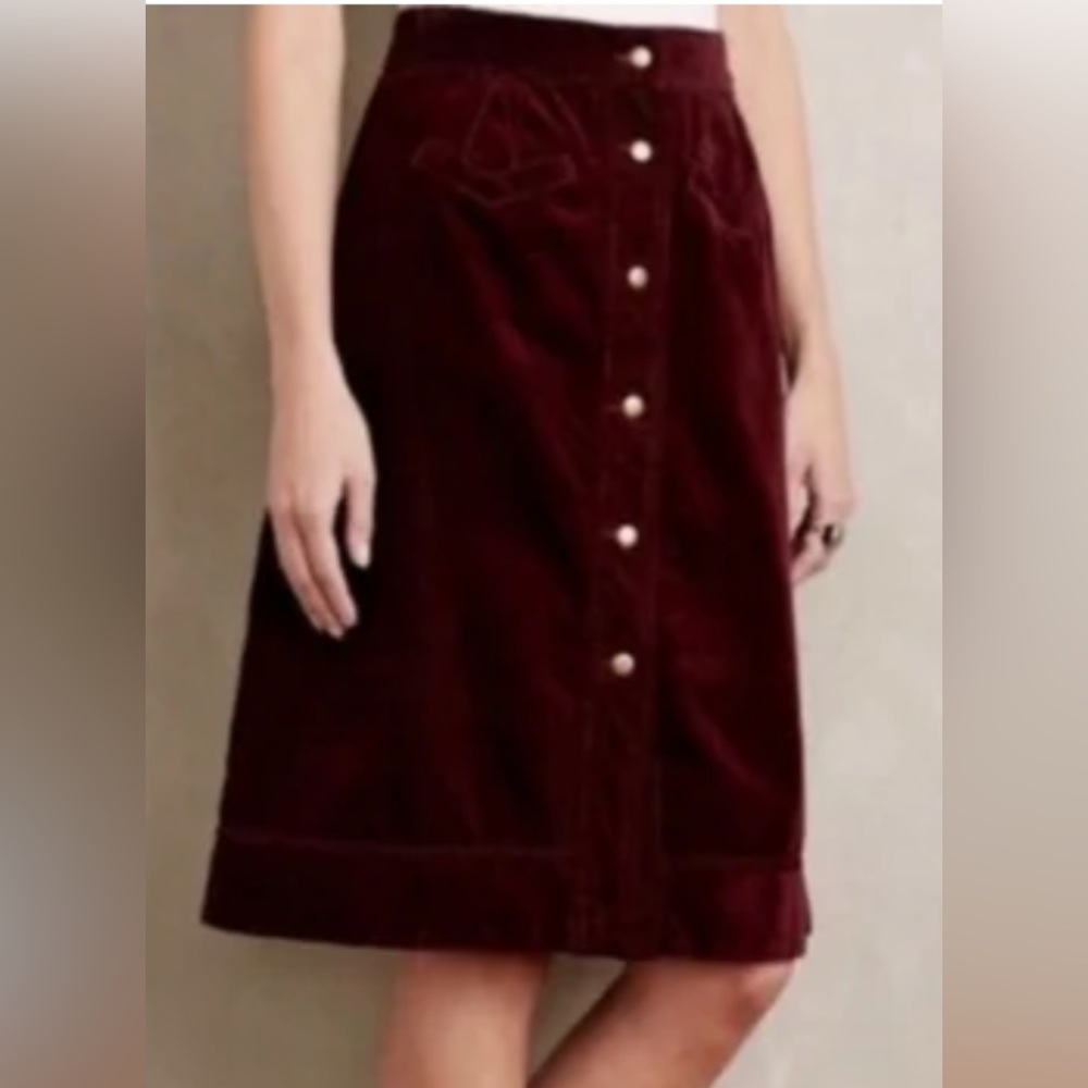Anthropologie holding horses burgundy corduroy skirt size 14 A line snap button